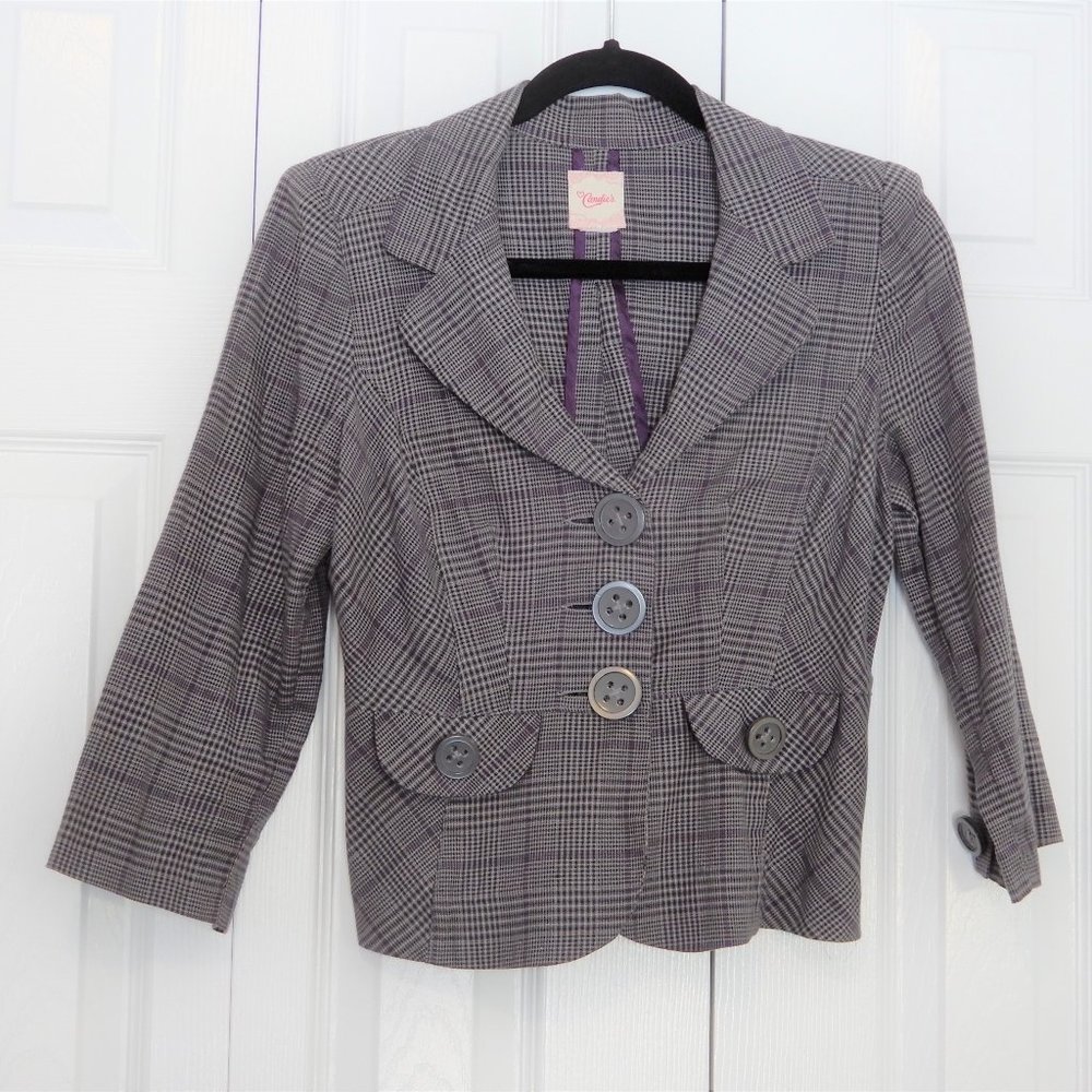Candie's Plaid Gray Blazer with Purple in size S